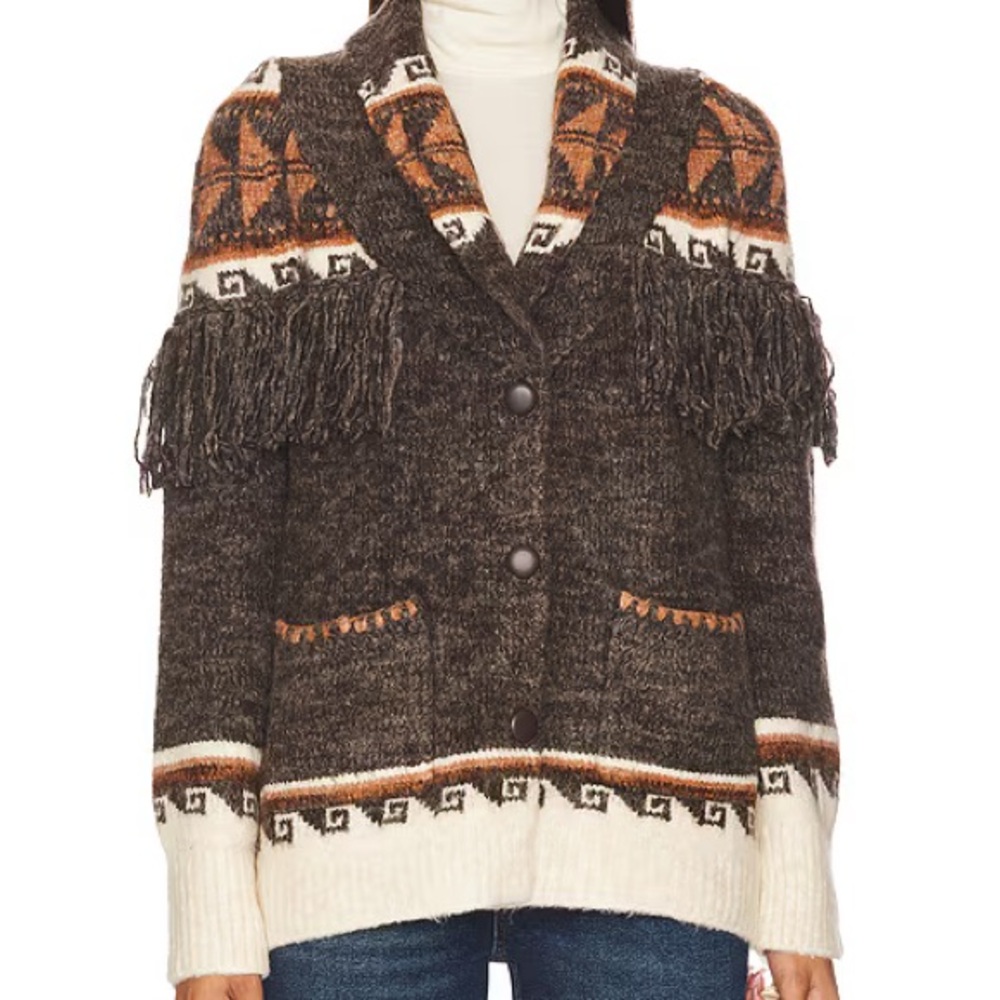 Saylor Ava Cardigan Sweater Brown Multi Fringe Size Small